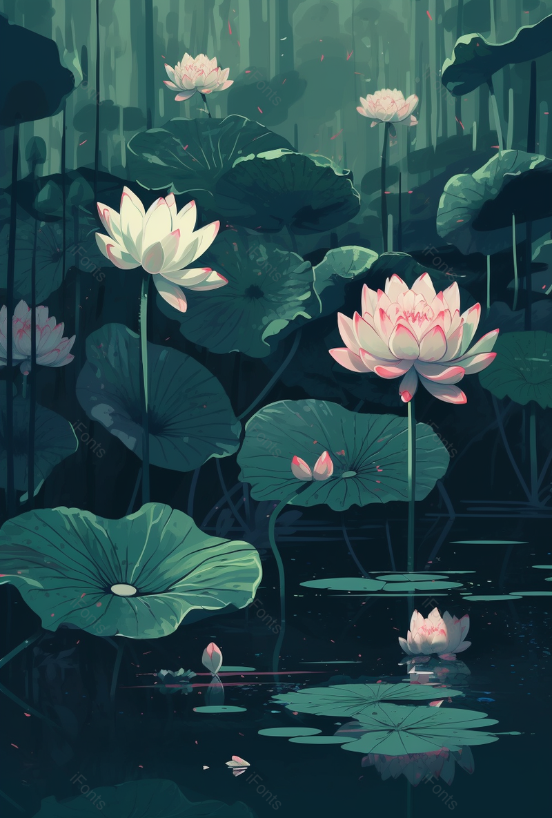 怀旧风写实荷花盛开场景插画素材图,插画/手绘图,插画/手绘图库,插画/手绘图下载,插画/手绘